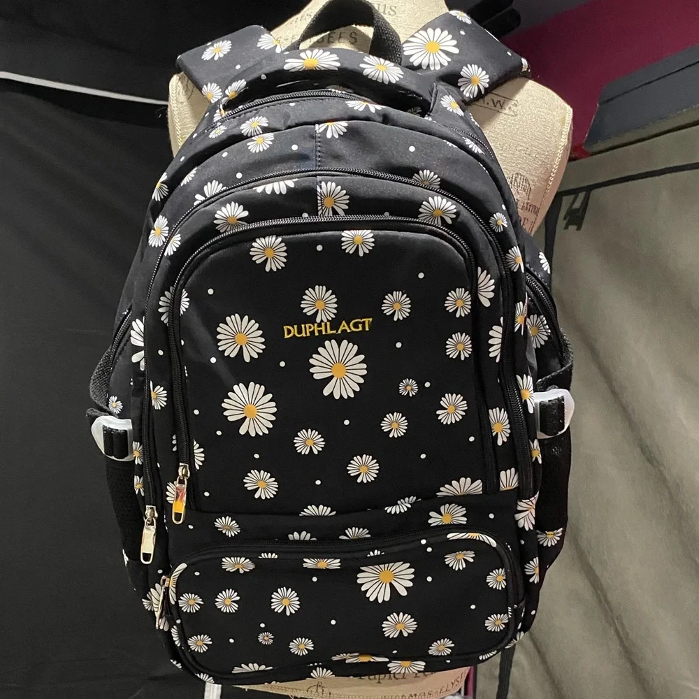 Black Daisy Print Backpack with Lunch Box